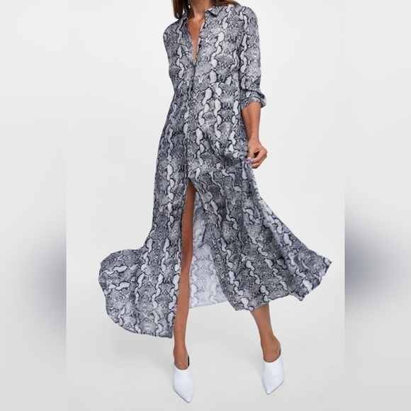 Zara Black And Grey Snake Print Long Shirt Dress Button Down Size XS - Picture 7 of 16